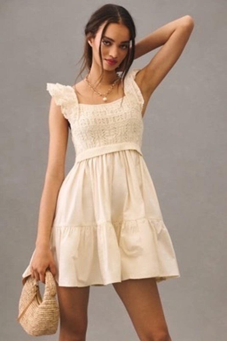 Anthropologie En Saison Cream Ruffled Crochet Square-Neck Mini Dress Size Small